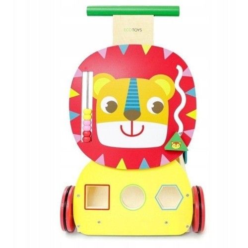 Wooden pusher educational trolley "Lion" with blocks and sorter