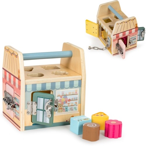 Wooden educational cube, block sorter four locks, handle