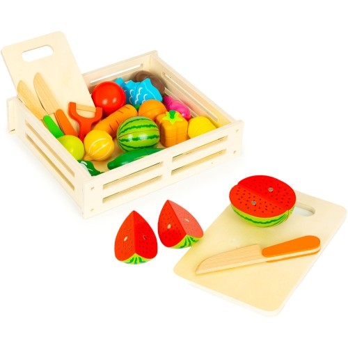 Wooden vegetables and fruits for cutting wooden box + 17 items