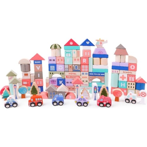 Wooden educational blocks ECOTOYS City with a mat, 115 pcs.