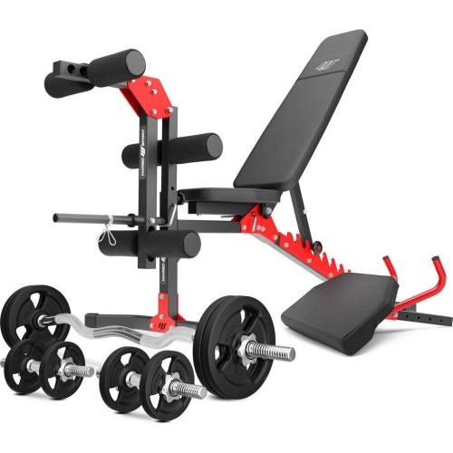 Set MH1_68KG_KIER | adjustable bench + leg press + prayer bar (slide-in) + set of 42 kg grips and weights - Marbo Sport