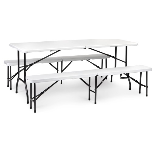 Catering table 180cm + 2 benches banquet set white