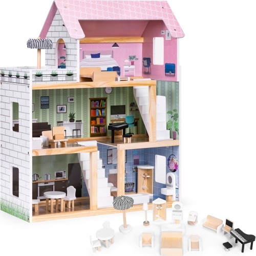 Wooden doll house 3 floors terrace with a set of 15 furniture ECOTOYS