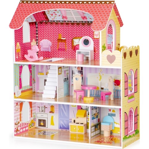 Wooden dollhouse EcoToys with LED lighting + furniture set