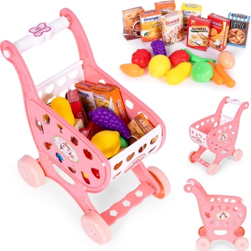 Shopping cart for supermarket kitchen + 18 accessories pink