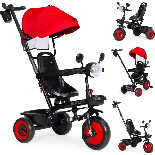 Baby tricycle stroller 3in1 swivel seat canopy red ECOTOYS