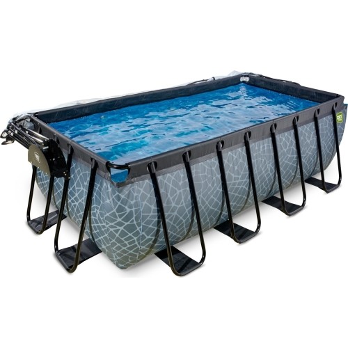 EXIT Basen kamienny 400x200x122cm z pompą filtrem piaskowym i kopułą oraz pompą ciepła - szary