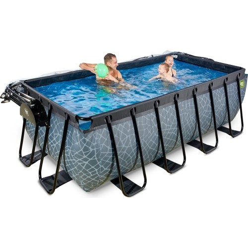 EXIT Basen kamienny 400x200x122cm z pompą filtrem piaskowym i kopułą oraz pompą ciepła - szary