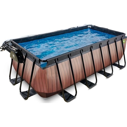 EXIT Basen drewniany 400x200x122cm z pompą filtrem piaskowym i kopułą oraz pompą ciepła - brązowy