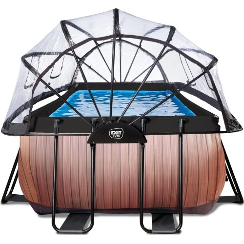 EXIT Basen drewniany 400x200x122cm z pompą filtrem piaskowym i kopułą oraz pompą ciepła - brązowy