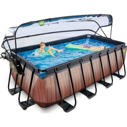 EXIT Basen drewniany 400x200x122cm z pompą filtrem piaskowym i kopułą oraz pompą ciepła - brązowy