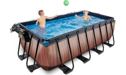 EXIT Basen drewniany 400x200x122cm z pompą filtrem piaskowym i kopułą oraz pompą ciepła - brązowy