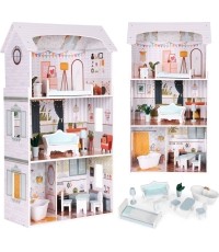 Domek dla lalek Alice 3 piętra 4 pomieszczenia komplet 9 mebelków ECOTOYS