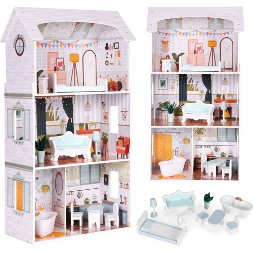 Domek dla lalek Alice ECOTOYS, 3 piętra, 4 pokoje, zestaw 9 mebli