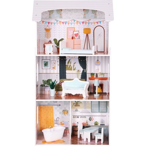 Domek dla lalek Alice 3 piętra 4 pomieszczenia komplet 9 mebelków ECOTOYS