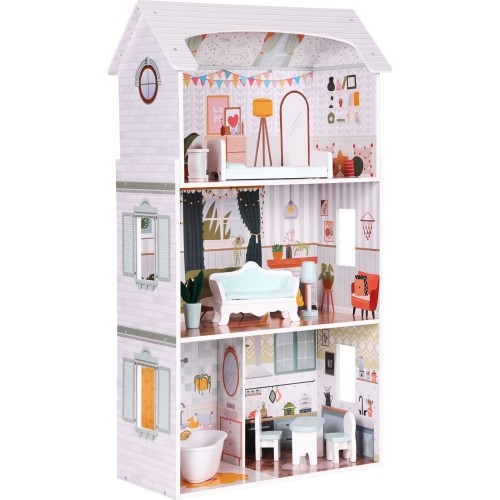 Domek dla lalek Alice ECOTOYS, 3 piętra, 4 pokoje, zestaw 9 mebli
