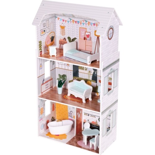 Domek dla lalek Alice 3 piętra 4 pomieszczenia komplet 9 mebelków ECOTOYS