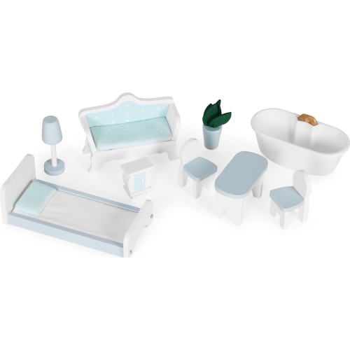 Domek dla lalek Alice 3 piętra 4 pomieszczenia komplet 9 mebelków ECOTOYS