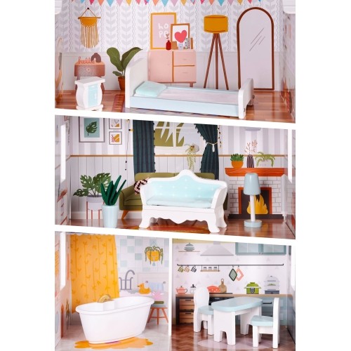 Domek dla lalek Alice ECOTOYS, 3 piętra, 4 pokoje, zestaw 9 mebli