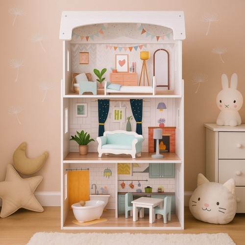 Domek dla lalek Alice ECOTOYS, 3 piętra, 4 pokoje, zestaw 9 mebli