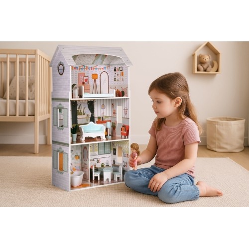 Domek dla lalek Alice ECOTOYS, 3 piętra, 4 pokoje, zestaw 9 mebli