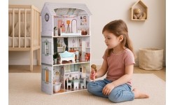 Domek dla lalek Alice ECOTOYS, 3 piętra, 4 pokoje, zestaw 9 mebli
