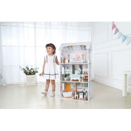 Domek dla lalek Alice ECOTOYS, 3 piętra, 4 pokoje, zestaw 9 mebli