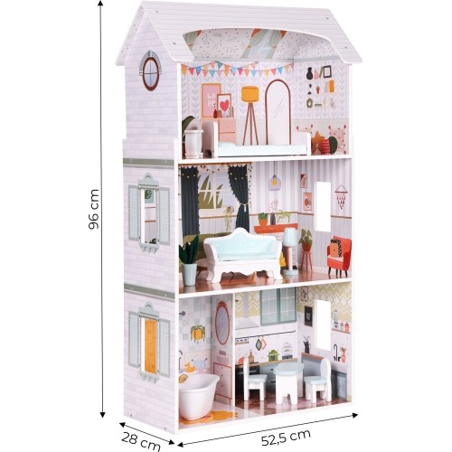 Domek dla lalek Alice ECOTOYS, 3 piętra, 4 pokoje, zestaw 9 mebli