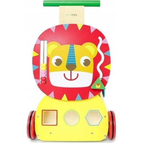 Wooden pusher educational trolley "Lion" with blocks and sorter