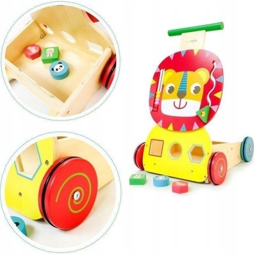 Wooden pusher educational trolley "Lion" with blocks and sorter