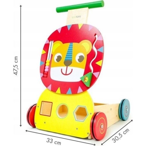 Wooden pusher educational trolley "Lion" with blocks and sorter