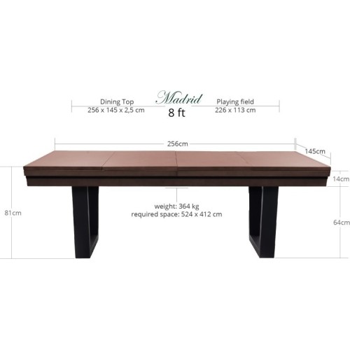 Stół bilardowy / stół do jadalni, Rasson Madrid, orzech, 8 stóp, obrus klubowy żółto-zielony