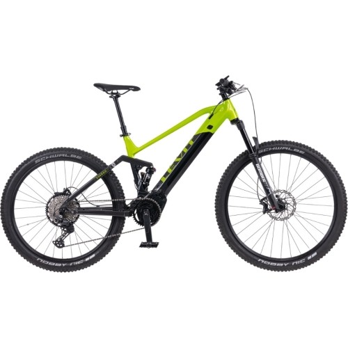 Górski rower elektryczny z pełnym zawieszeniem Levit Svarog BF Overstep 630 29"/27,5" - 2024 - Lime black pearl