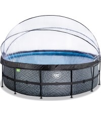 EXIT Basen kamienny ø488x122cm z pompą z filtrem piaskowym i kopułą oraz pompą ciepła - szary