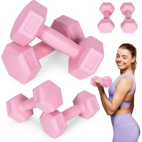 Hantle sześciokątne zestaw 2x1 kg ciężarki do ćwiczeń obciążniki fitness różowe ModernHome