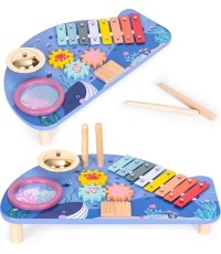 Stolik z instrumentami stół muzyczny cymbałki talerz perkusyjny tarka motyw morski ECOTOYS