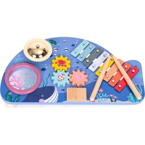 Stolik z instrumentami stół muzyczny cymbałki talerz perkusyjny tarka motyw morski ECOTOYS