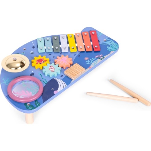 Stolik z instrumentami stół muzyczny cymbałki talerz perkusyjny tarka motyw morski ECOTOYS