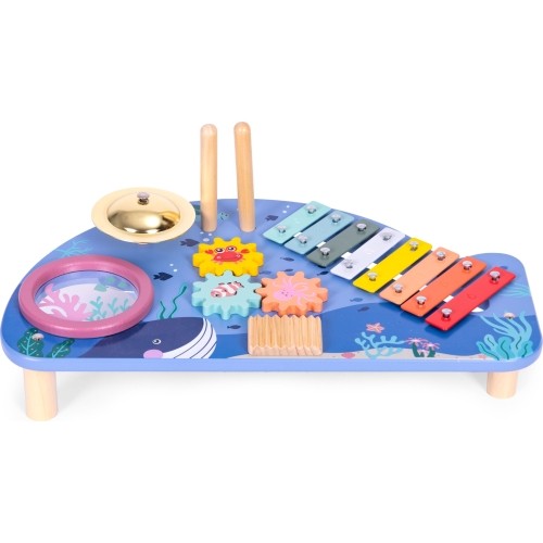 Stolik z instrumentami stół muzyczny cymbałki talerz perkusyjny tarka motyw morski ECOTOYS