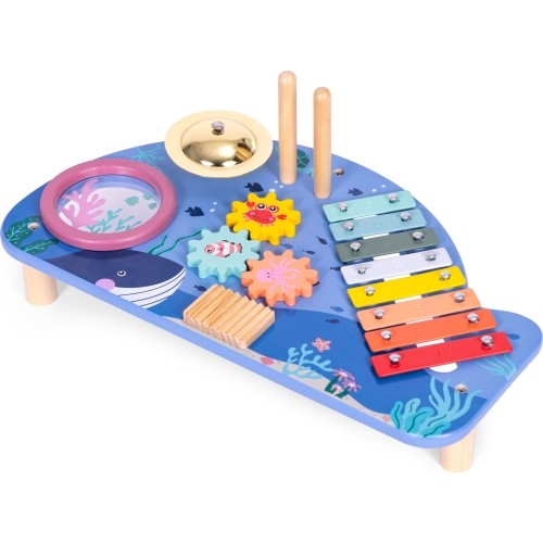 Stolik z instrumentami stół muzyczny cymbałki talerz perkusyjny tarka motyw morski ECOTOYS