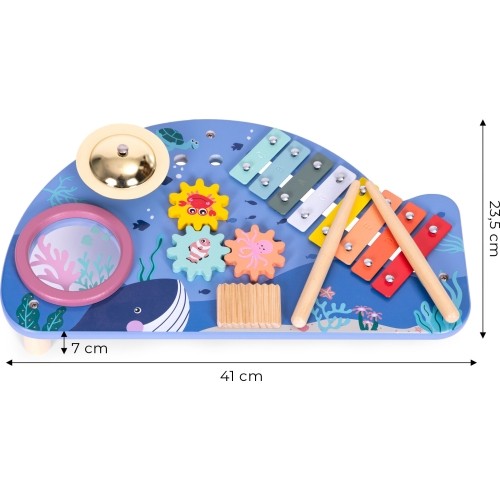 Stolik z instrumentami stół muzyczny cymbałki talerz perkusyjny tarka motyw morski ECOTOYS
