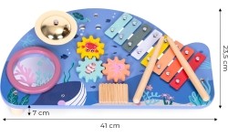 Stolik z instrumentami stół muzyczny cymbałki talerz perkusyjny tarka motyw morski ECOTOYS
