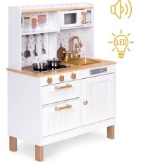 Kuchnia dla dzieci z dźwiękami i LED, drewniane otwierane szafki, 7 akcesoriów ECOTOYS