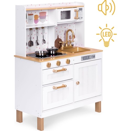 Kuchnia dla dzieci z dźwiękami i LED, drewniane otwierane szafki, 7 akcesoriów ECOTOYS