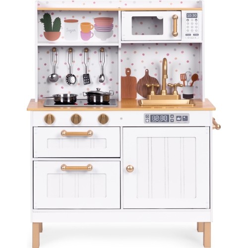 Kuchnia dla dzieci z dźwiękami i LED, drewniane otwierane szafki, 7 akcesoriów ECOTOYS