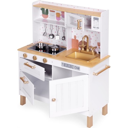 Kuchnia dla dzieci z dźwiękami i LED drewniana duża otwierane szafki 7 akcesoriów ECOTOYS