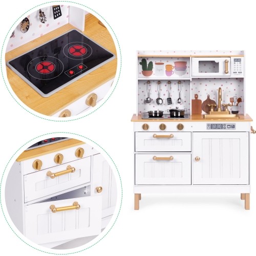 Kuchnia dla dzieci z dźwiękami i LED drewniana duża otwierane szafki 7 akcesoriów ECOTOYS