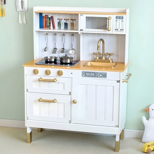 Kuchnia dla dzieci z dźwiękami i LED, drewniane otwierane szafki, 7 akcesoriów ECOTOYS