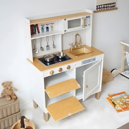 Kuchnia dla dzieci z dźwiękami i LED, drewniane otwierane szafki, 7 akcesoriów ECOTOYS