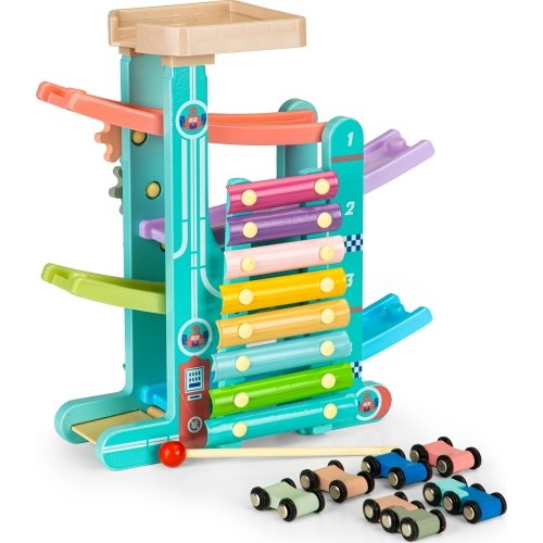 Drewniany tor do zjeżdżania + 6 samochodzików + cymbałki Ecotoys